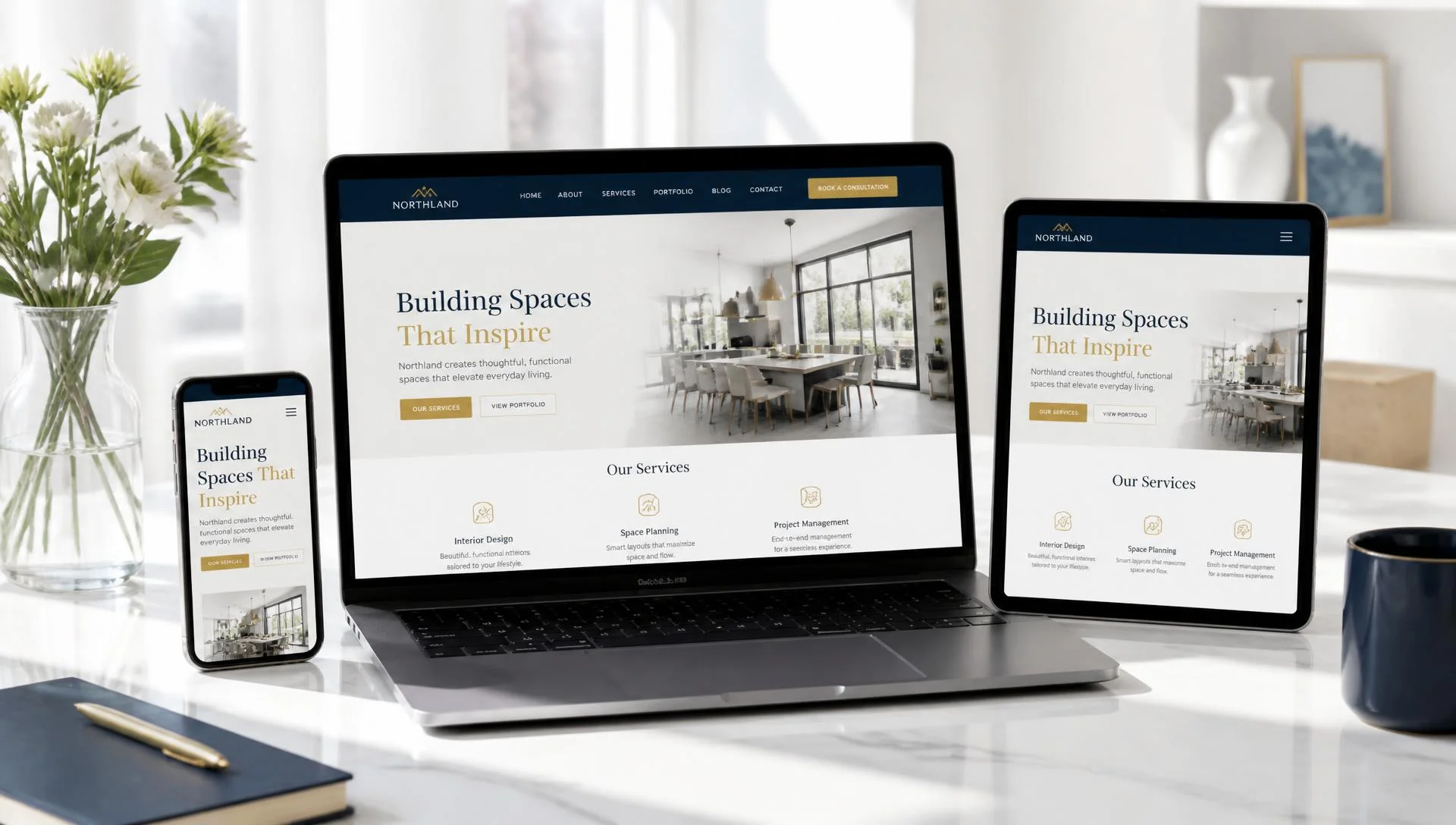 Responsive website design shown on desktop, tablet and mobile devices